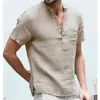Linen Shirt Mens Stand Collar Casual Short Sleeve Casual Shirts Men Camisas Oversized Breathable Chinese Style Chemise Homme 210524