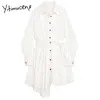 Yitimuceng асимметричная кнопка платья женщин белый весенний квадратный воротник однобортный с длинным рукавом высокий талию офис леди 210601