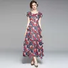 Women Summer Designer Elegant Floral Printed Sexy Ruffles Button Casual Party Robe Ladies Vintage Chiffon Maxi Dress Vestidos 210525