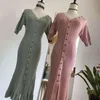 Japanese Style Elegant Temperament Dress Women V-neck Half Sleeve Slim Fit Knit Dresses A-Line Soft Chic Button Femme Vestidos 210422