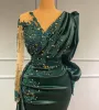 Syrena ciemnozielone sukienki wieczorowe z koraliki koronkowe zakładki długie rękawy na zamówienie na imprezę balową celebrytka formalne noszenie vestidos