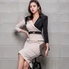 Korean Contrast Color Patchwork Pencil Dress Women Spring Business OL es Fitted Sheath Vestidos 210519