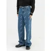 IEFB hommes porter lettre imprimé coréen Streetwear mode droite réglable taille bleu jean décontracté Denim pantalon 210524