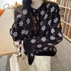 Sonbahar Vintage Kadınlar Çiçek Kazak Kittle Cardiagn Sevimli Kız Çiçek Baskı Rahat Dış Giyim Mont Hırka Süveter 210415