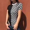 Casual Verão Mulheres Manta T-shirt Sexy Vintage Manga Curta O-Pescoço Checkerboard Bainha Tees Tops Color-Block Tshirts Tee GRÁTIS 210513