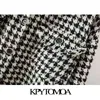 Kvinnor Mode Stora Houndstooth Frayed Tweed Jacket Coat Vintage Långärmad Fickor Kvinnlig Ytterkläder Chic Top 210416