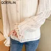 Qoelrin Elegant Office Ladies Lace Shirts Kvinnor Sexig Hollow Out Chic Fashion Button Blouse Flare Sleeve Chiffon Tops S-XL 210601