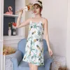 Womens Loose Sling Nighwear Summer Cartoon Fruit Print Striped Sleevesless Sexy Short Dress Slips Under Round Neck Pink 210924