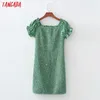 Tangada Summer Women Green Flowers Print Off Shoulder Dress Puff Short Sleeve Ladies Sundress 1D286 210609