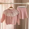 Sweter dla dzieci Jesień Zima Kid Set 'Lace Solid Color Long + Krótka sukienka 2 sztuk Dziewczyny 210515