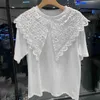Summer Women's Loose Short-sleeved T-shirt Fashion Sweet Lace Turn-down Collar Woman Female Tops GX390 210507