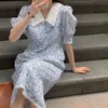 ビンテージシックな夏の女性のドレスプリントフローラルポロネックバブルスリーブハイウエスト春カジュアルvestido 14149 210508