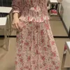 الحلو النساء الوردي الأزهار الطباعة التنانير أزياء السيدات القوس الشرابة تنورة الشيفون أنيقة أنيقة أنيقة الكاحل طول 210427