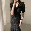 Vintage Artı Boyutu V Yaka Kadınlar Yaz Elbise Dantel Up Puf Kol Parti ES Kore Zarif Ruffles Uzun Elbiseler 13815 210510