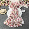 Sommarlov Elegant Kvinnor Skiktad Ruffles Chiffon Boho Klänning Koreansk Kläder Elastisk Midja V-Neck Floral Mixi 210514