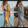 Abbigliamento da donna Abbigliamento Drop Delivery 2021 Donna Primavera manica con scollo a V a righe Boho Abiti da spiaggia Donna Autunno Casual da sera Lungo cazzo bianco