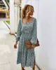 Foridol Jesień Zima Kwiatowa Długa Sukienka Kobiety Kwadratowy Kołnierz Maxi Dress Eleganckie Damskie Różowe Vintage Dress Vestidos 210415