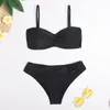 Seksi İki Parça Bikini Set Kadın Mayo Twisted Bandeau Üst Çıkarılabilir Omuz Askısı Yüksek Bel Bodysuit Mayo Beachwear Tek Parça S