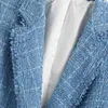 Vintage Dople Bresed Blue Tweed Blazer Blazer Cappotto Donne Fashion Plaid Tassel Ladies Capispalla Casual Casaco Femme 210510