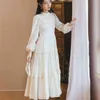 YOSIMI White Cotton and Linen Women Dress Summer Stand-neck Long Lantern Sleeve Mid-calf Lace Empire Sweet 210604