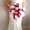 Waterfall Wedding Flowers Bridal Bouquets De Mariage Red Rose White Calla Lilies with Artificial Pearls and Rhinestone Decoration 241N