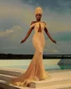 Glitter árabe Aso Ebi sirena vestidos de noche con lentejuelas sin espalda vestido de fiesta de espagueti sexy fiesta formal vestidos de segunda recepción por encargo RobesDe Soir￩e