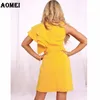 Women Yellow Dress Layer Ruffles Sleeve Ladies Fashion Swing Tunics Lovely Robes Evening Party Cute Girl Dresses Summer Clothing 210416