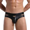 Underpants Men Pu Leather Brief Shiny Underwear Hollow Out G-String Thongs Erotic Lingerie Sexy Nightclub Stage Wear Male Bulge Pantie