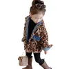 Fall winter Girls leopard grain fleece coat kids lapel long sleeve velvet thicken warm denim outwear children reversible casual tops Q2852