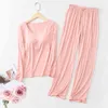 Modal Pajamas Sets Women Casual Bra Pad Striped Sleepwear Suits Spring Autumn Long-Sleeved Home Clothing Ladies Pyjama Lingeries 210330