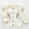 Kinderen Clohting Herfst Borduren Bloemen Set Mode Baby Meisjes Kleding Lange Mouwen Gebreid Vest + Romper Sets 210417