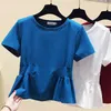 WWENN T Gömlek Kadın Kısa Kollu Üst Beyaz Yaz Pamuk T-shirt Fırfır Tee Femme Mavi Kırmızı 210507