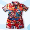 Summer Teenager Boys 2-pcs Sets Cartoon Shirts + Shorts Fashion Holiday Style Kids Clothes E3019 210610