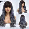 Ombre mörk till gråvågsyntetiska peruker för svarta vita kvinnor med bangs dagliga värmebeständigt långt falskt hår naturligt cosplay peruk