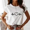 Coton Électrocardiogramme Imprimer T-shirt D'été Femmes À Manches Courtes Loisirs Top Tee Casual Dames Femme T-shirts 210514
