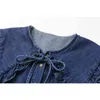 2 Parça Setleri Kadınlar Mavi Lace Up Sailor Yaka Hırka Denim Bluzlar + Siyah Zip-up Ceket Ceket Tüm Maç Bahar Kıyafetler Top 210417