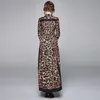 Designer de mode Chaîne de piste Léopard Imprimer Femmes Turn Down Collier à manches longues Vintage Taille haute Party Maxi Robe 210416