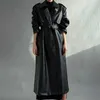 Lautaro Höst Long Oversized Black Faux Läder Trench Coat för Kvinnor Ärmbälte Dubbelbröst Löst Fashion 211119