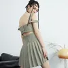 [Eam] Kvinnor Grön Pläterad Hollow Out Slim Dress V-Neck Spaghetti Strap Loose Fit Fashion Spring Summer 1DD7062 21512