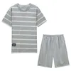 O-Neck Lounge Striped Sleepwear Pyjamas Mens Kortärmad Shorts Pyjamas Set Sleepwear Leisure Passar Nattkläder Män Homewear 210812