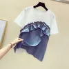 夏の韓国のエレガントな女性TシャツLotus Leaf裾のスプライシング半袖Tシャツ緩いレジャーパッチワーク210615