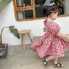 Mode Plaid Print Jurk Zomer Kid Kleding Meisje Koreaanse stijl Puff Sleeve Sweet Princess 210515