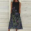 Retro print mouwloze zomer jurk voor vrouwen casual pocket o hals losse es elegante vrouwelijke plus size party 210623