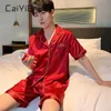 CAIYIER Summer Men's Satin Ice Silk Pyjamas Short Sleeve Shorts Set Solid Color Casual Loose Large Size Rayon Pajamas L-5XL 210901
