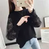 Girl Mesh Long Sleeve Knitted Sweater Female O-neck Loose Lazy Stitching Lantern Lace Bottoming Jumper Spring 210427