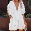 Bikini Cover-ups White Tunic Sexy V-neck Butterfly Sleeve Summer Beach Wear Mini Dress Plus Size Women Swimsuit Cover Up D0 210420