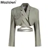 Mozision Irregular Blazer elegante para mulheres entalhadas com mangas compridas Lace Up Bowknot Blazers feminino Moda de primavera 211006