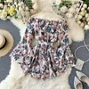 Autumn Sweet Loose Flare Sleeve Floral Print Jumpsuits Sexy Slash Neck Off Shoulder Ruffled Chiffon 210430