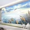 Wallpapers PVC Selbstklebende Tapete 3D See Schilf Blauer Himmel und weiße Wolke Landschaft Wandbild Wohnzimmer TV Sofa Hintergrund Wandaufkleber