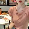 夏のソリッドTシャツの女性半袖ニットTシャツスリムな韓国のファッションティーピーターパンカラーフリルカジュアルトップ210519
